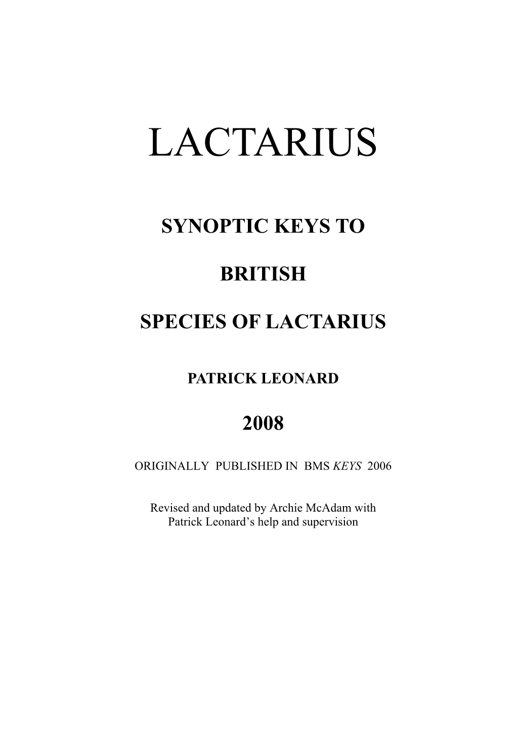 Synoptic Keys to British Species of Lactarius