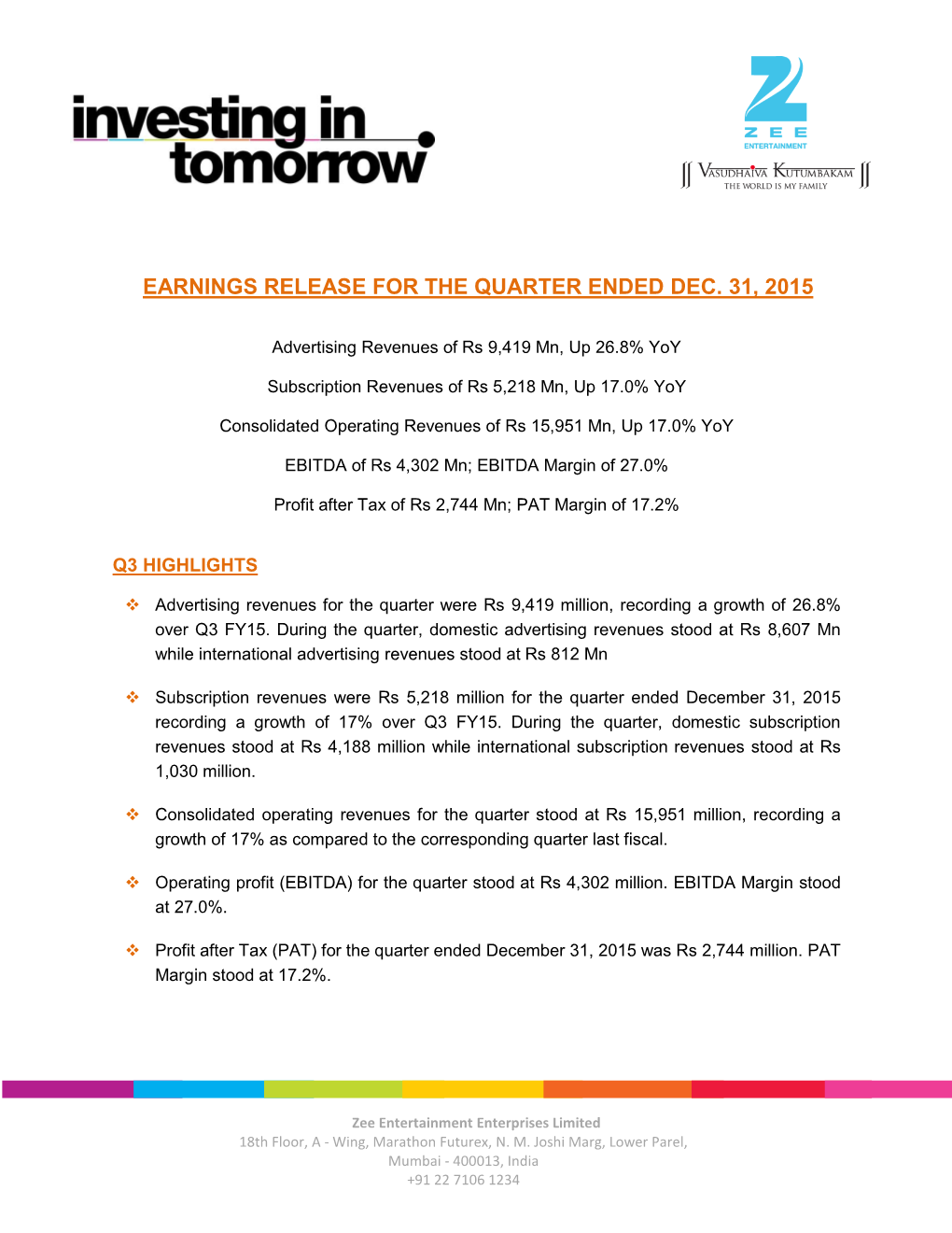 Earnings Release for the Quarter Ended Dec. 31, 2015