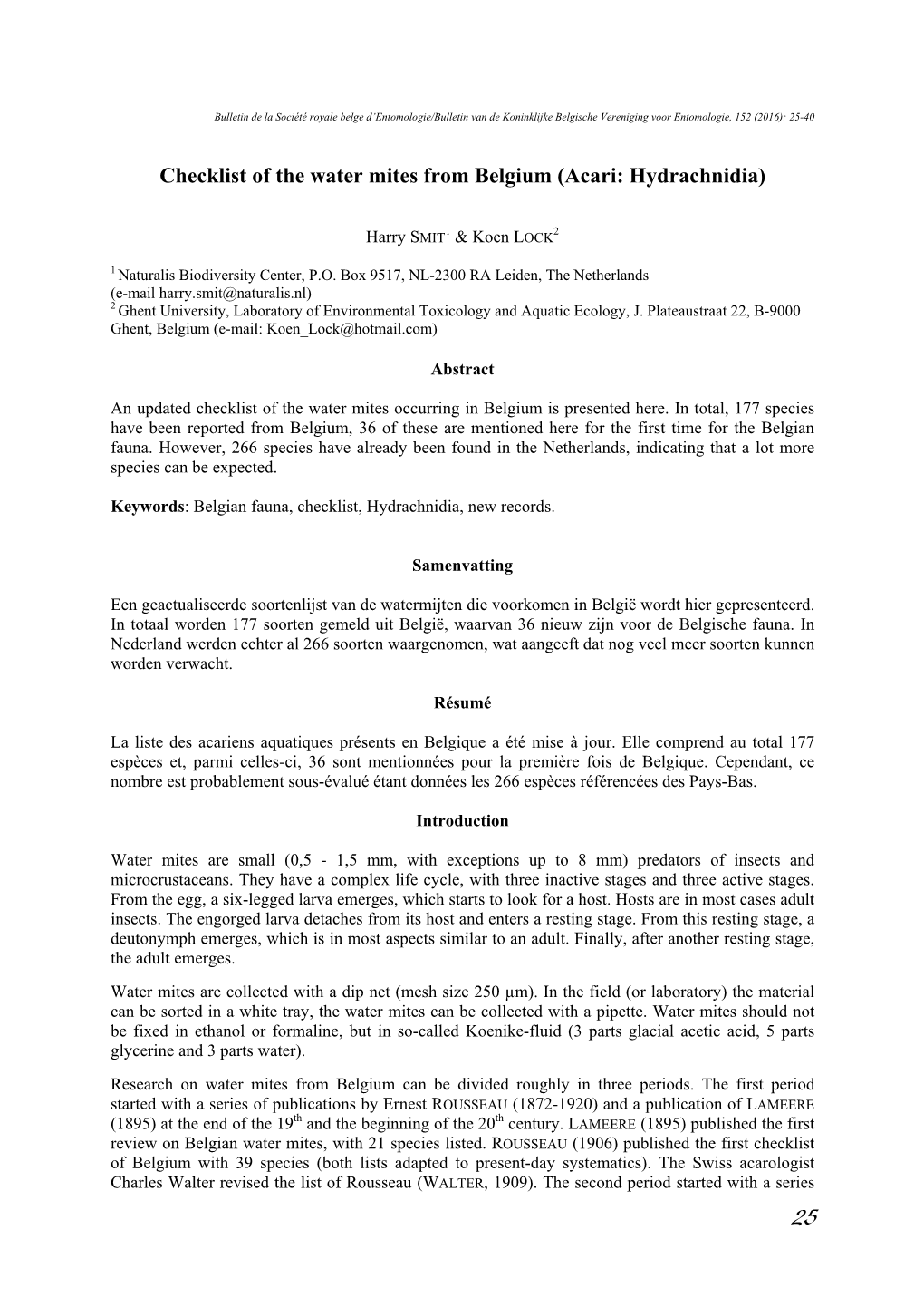 Checklist of the Water Mites from Belgium (Acari: Hydrachnidia)