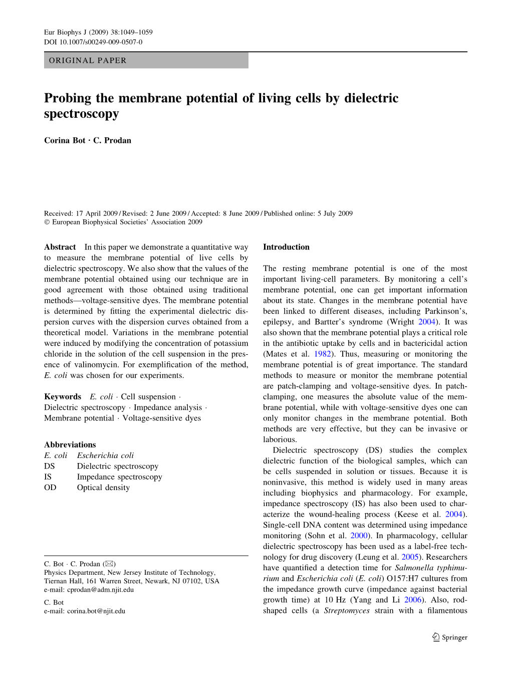 Probing the Membrane Potential of Living Cells by Dielectric Spectroscopy