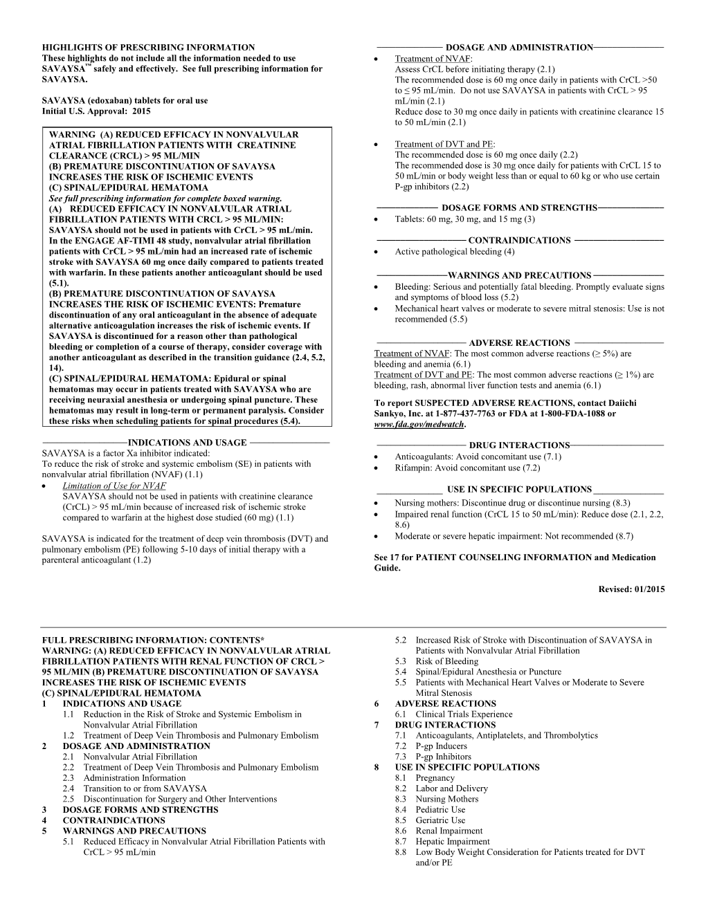 SAVAYSA (Edoxaban) Tablets for Oral Use Ml/Min (2.1) Initial U.S