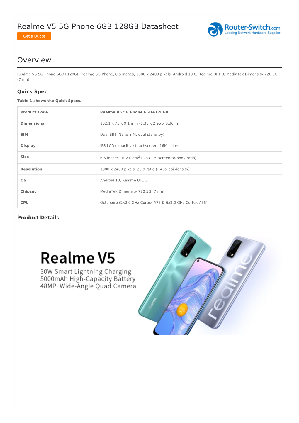 Realme-V5-5G-Phone-6GB-128GB Datasheet Overview