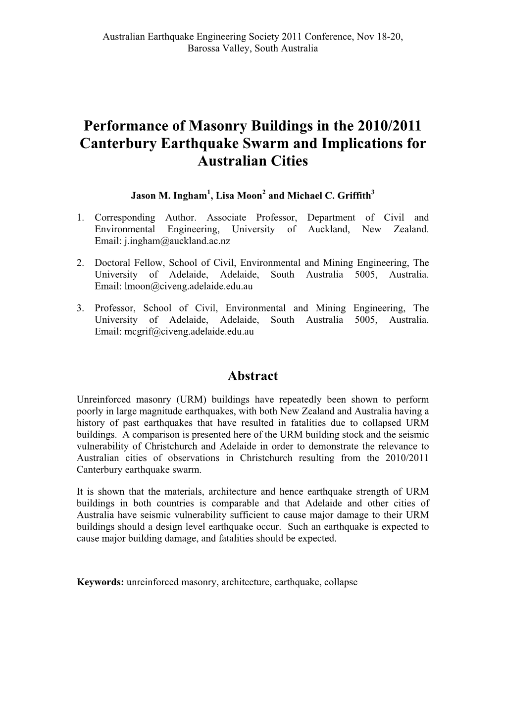 Performance of Masonry Buildings in the 2010/2011 Canterbury Earthquake Swarm and Implications for Australian Cities