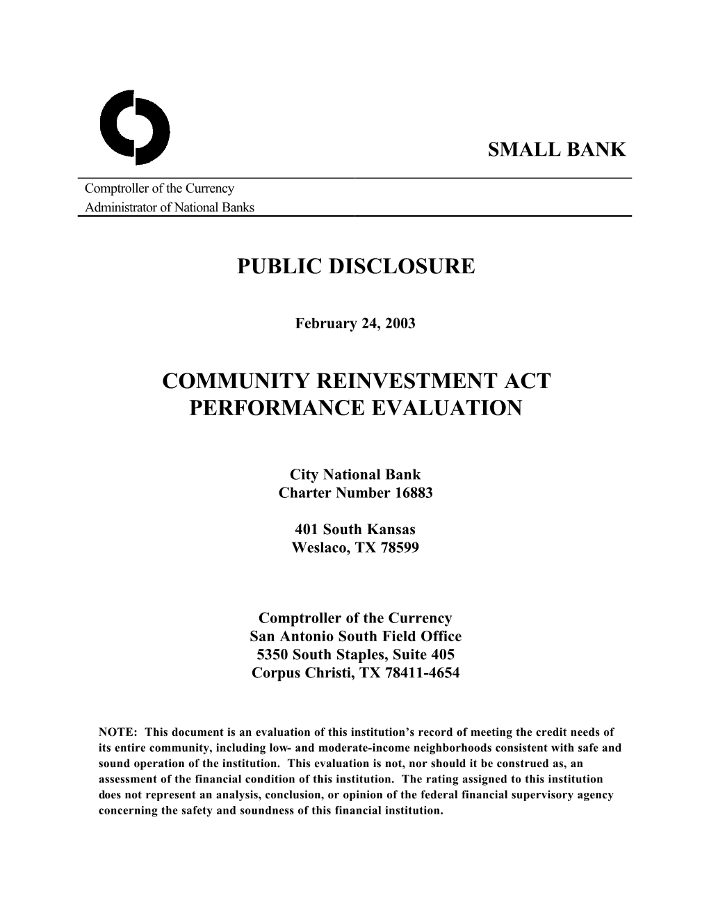 Public Disclosure Community Reinvestment Act