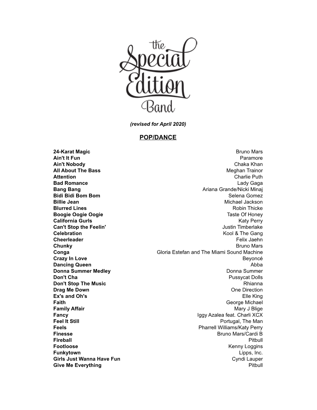 Special Edition Band Songlist