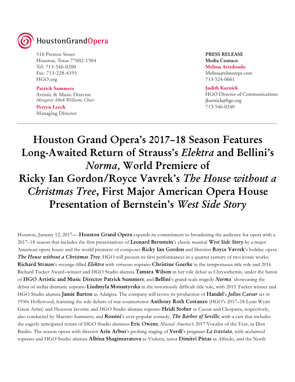 Houston Grand Opera's 2017–18 Season Features