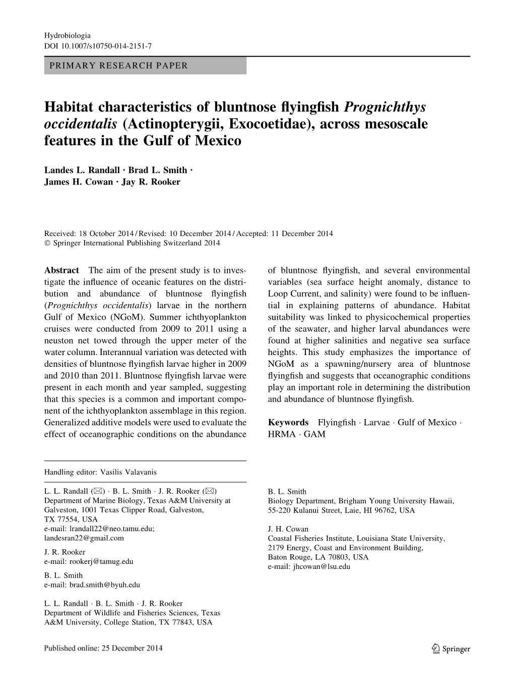 Habitat Characteristics of Bluntnose Flyingfish