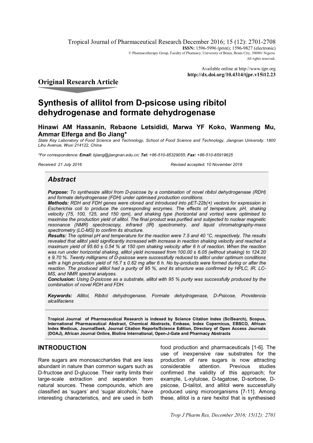 Synthesis of Allitol from D-Psicose Using Ribitol Dehydrogenase and Formate Dehydrogenase