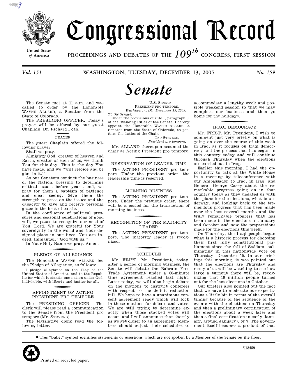 Congressional Record United States Th of America PROCEEDINGS and DEBATES of the 109 CONGRESS, FIRST SESSION