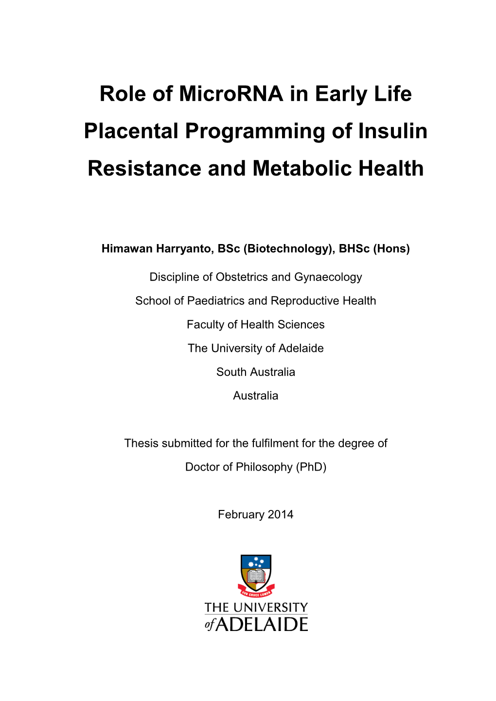 Role of Microrna in Early Life Placental Programming of Insulin Resistance and Metabolic Health