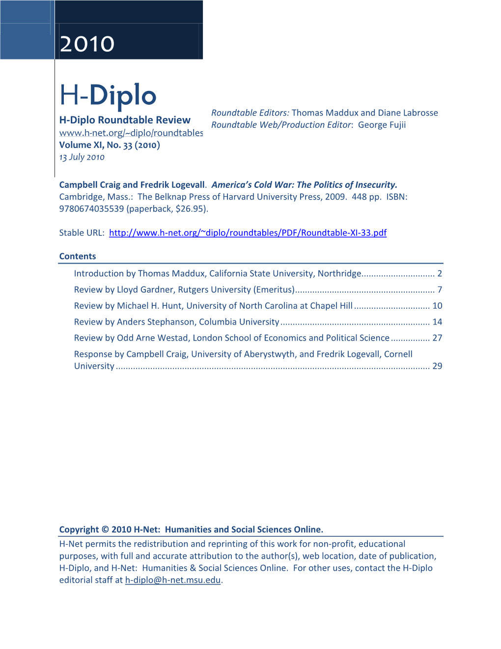 H-Diplo Roundtable, Vol. XI, No. 33