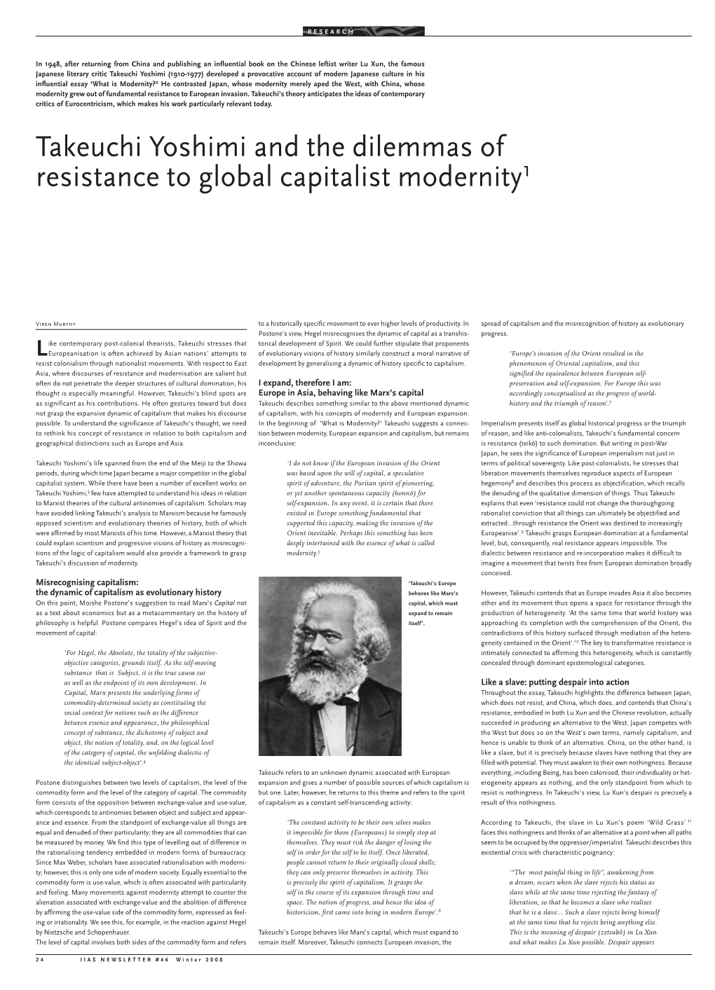 Takeuchi Yoshimi and the Dilemmas of Resistance to Global Capitalist Modernity1