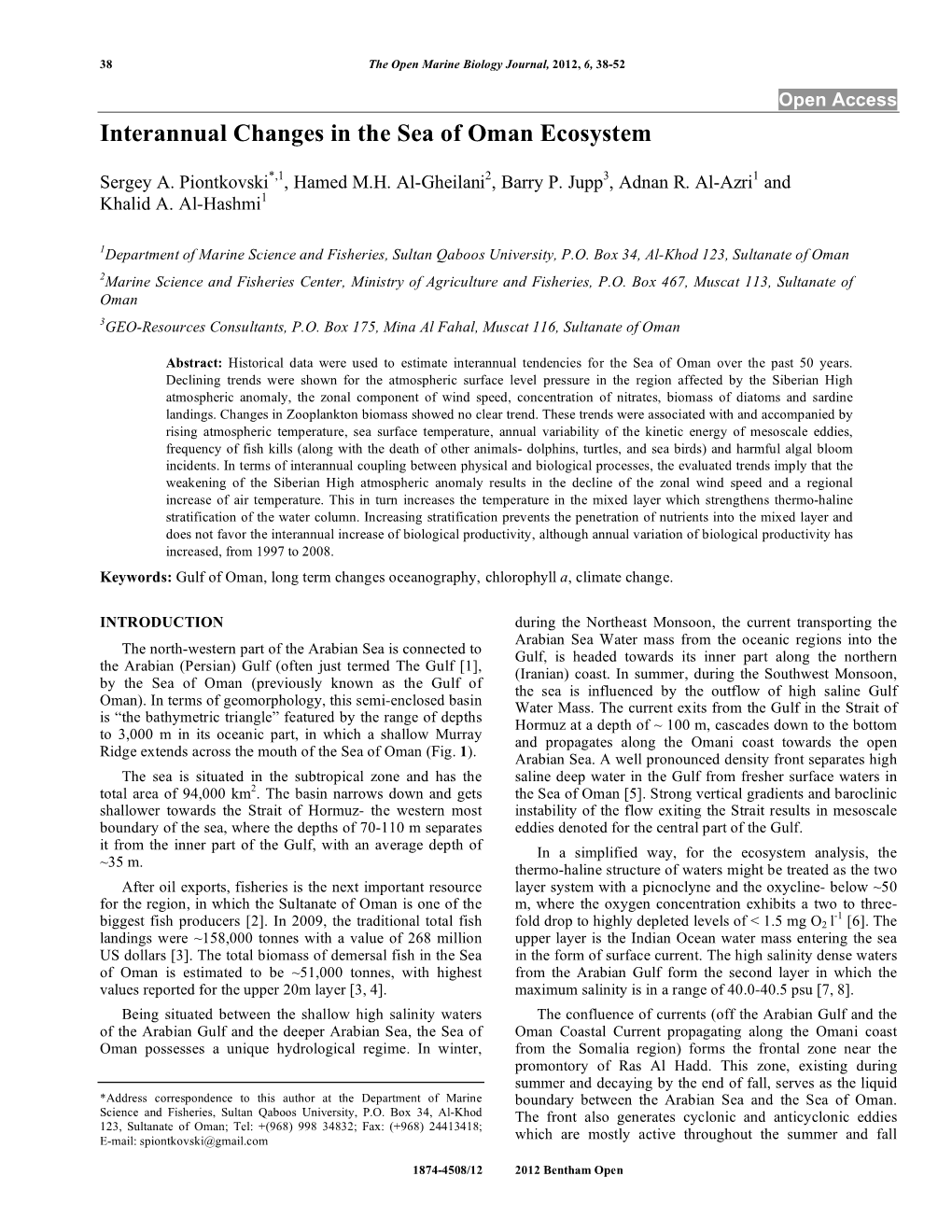 Interannual Changes in the Sea of Oman Ecosystem