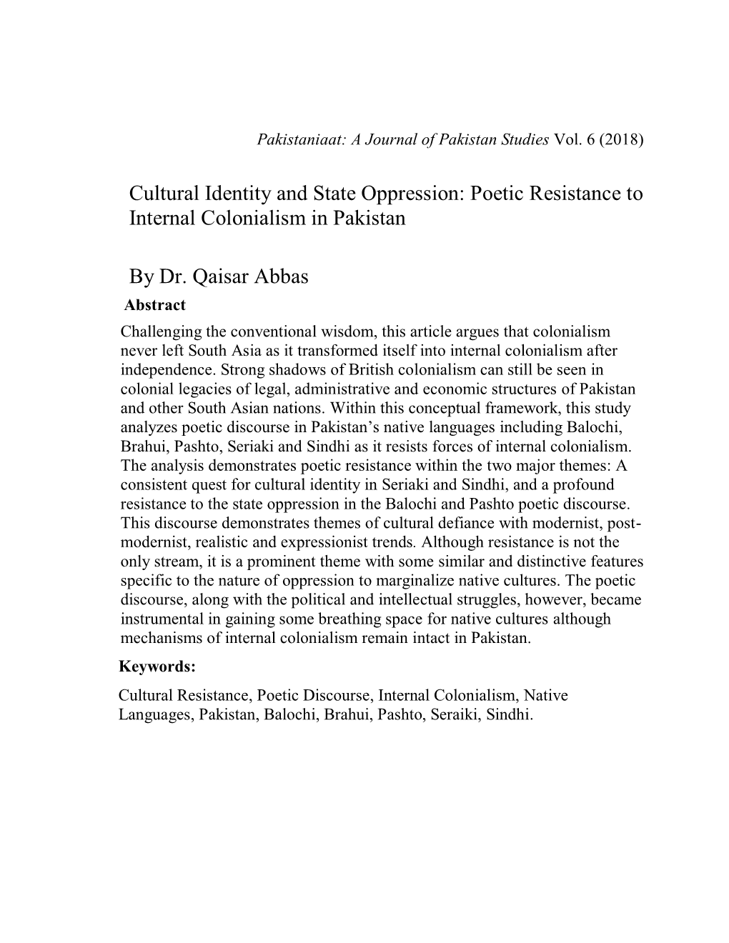 Poetic Resistance to Internal Colonialism in Pakistan by Dr