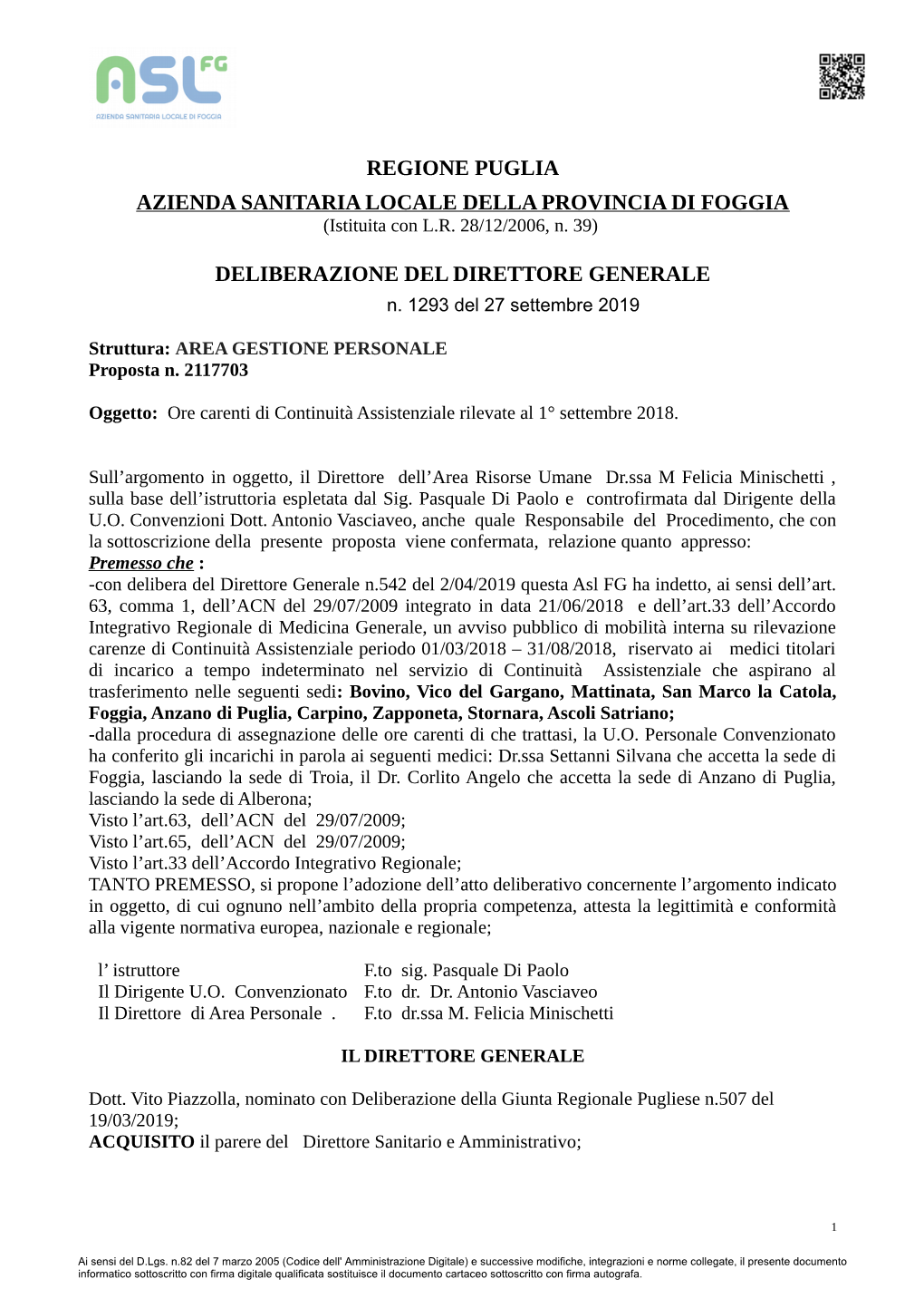 Regione Puglia Azienda Sanitaria Locale Della Provincia Di Foggia Deliberazione Del Direttore Generale