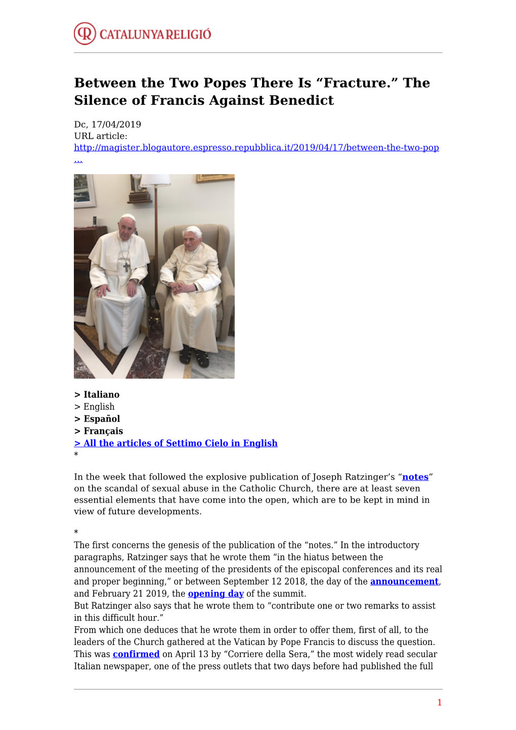Between the Two Popes There Is “Fracture.” the Silence of Francis Against Benedict