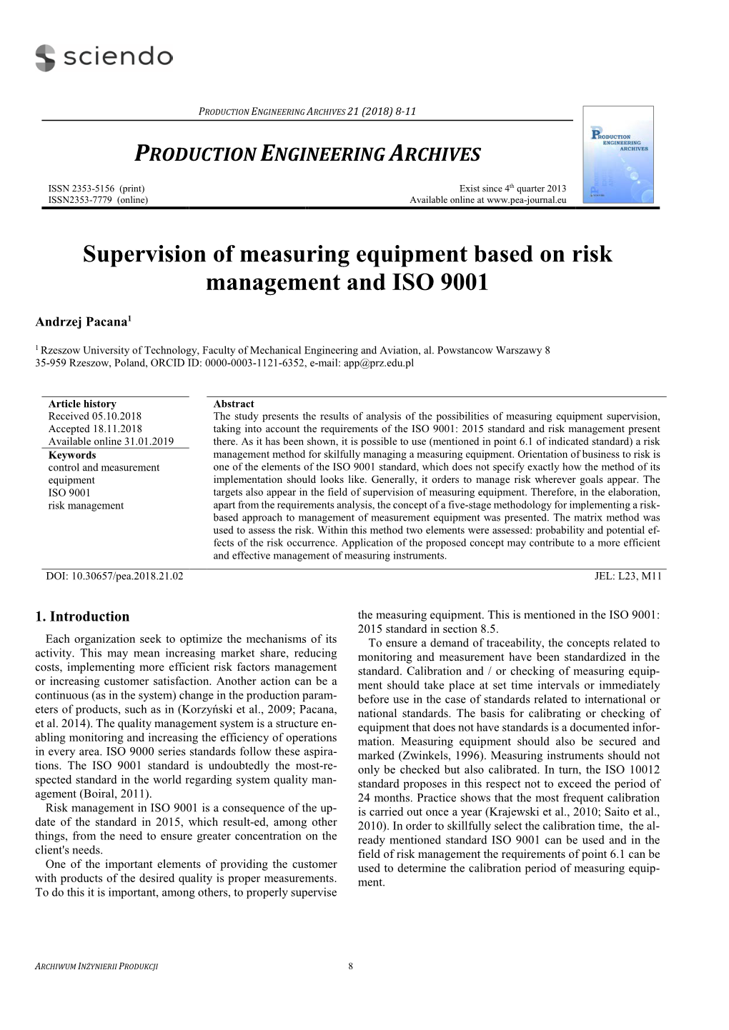 Supervision of Measuring Equipment Based on Risk Management and ISO 9001