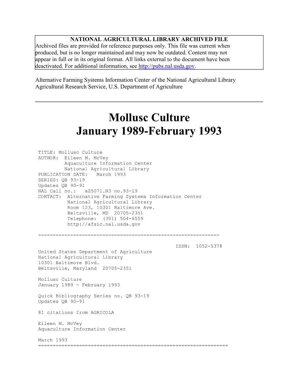 Mollusc Culture Jan. 1989-Feb. 1993