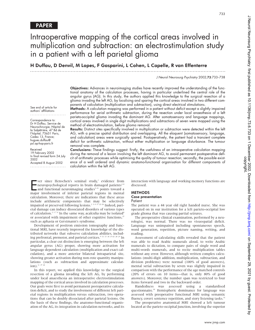 Intraoperative Mapping of the Cortical Areas Involved in Multiplication And