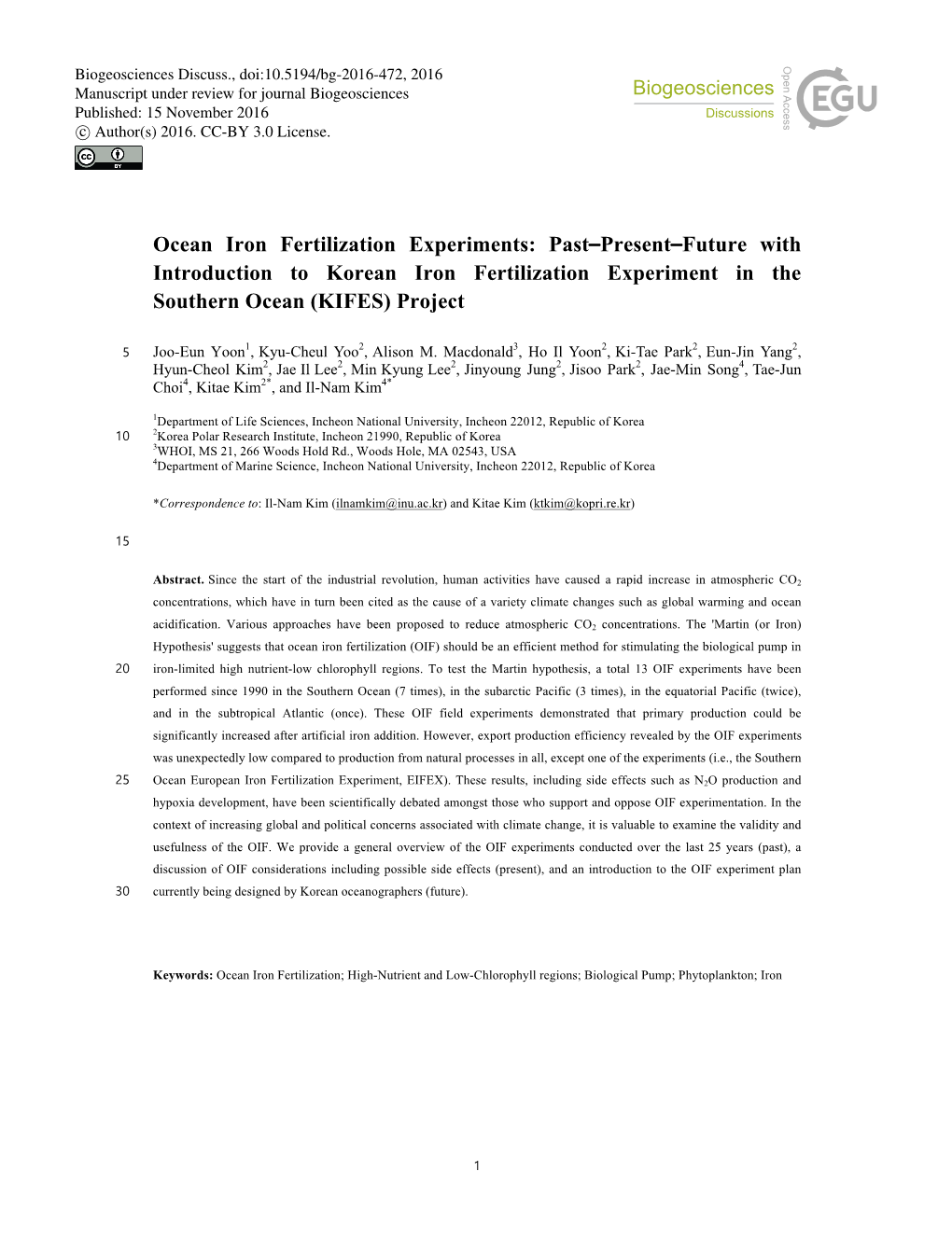 Ocean Iron Fertilization Experiments: Past–Present–Future with Introduction to Korean Iron Fertilization Experiment in the Southern Ocean (KIFES) Project