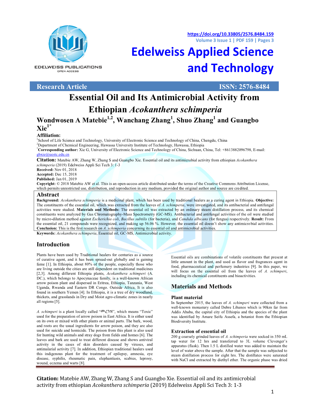 Essential Oil and Its Antimicrobial Activity from Ethiopian Acokanthera