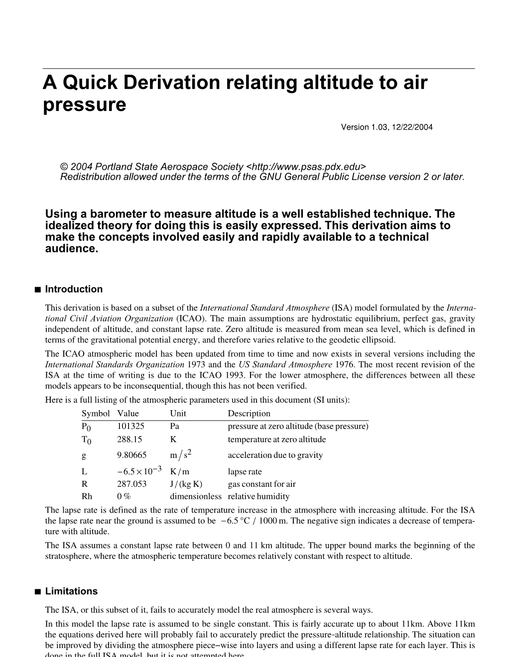 A Quick Derivation Relating Altitude to Air Pressure