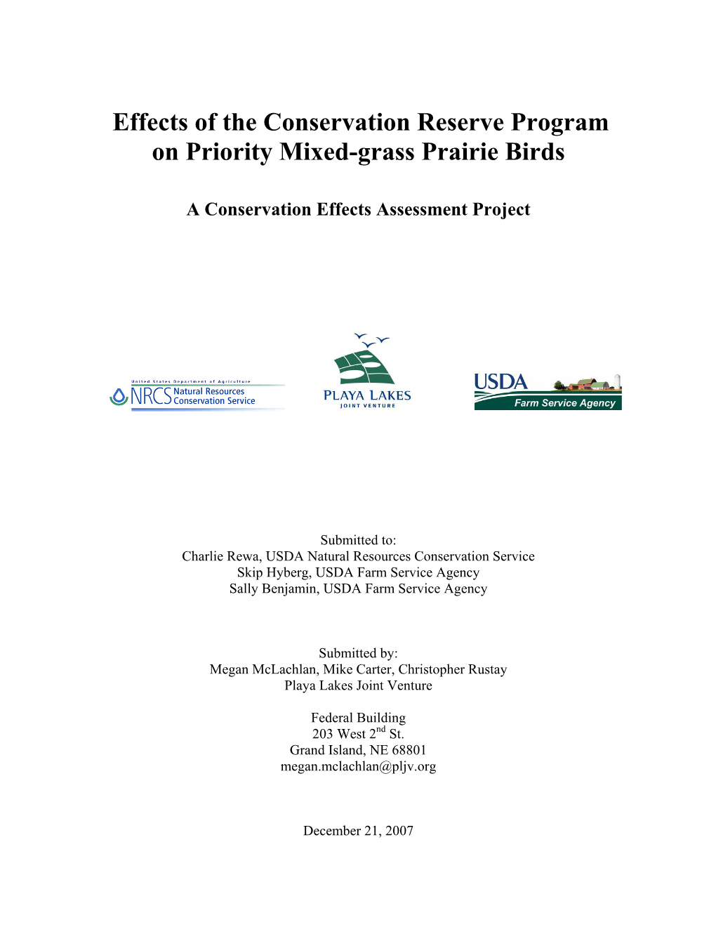 Effects of the Conservation Reserve Program on Priority Mixed-Grass Prairie Birds