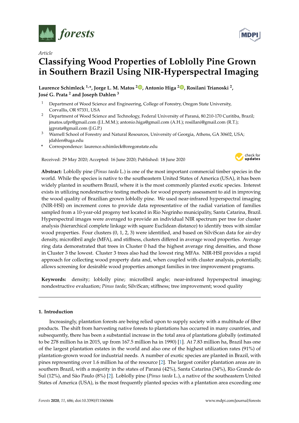 Classifying Wood Properties of Loblolly Pine Grown in Southern Brazil Using NIR-Hyperspectral Imaging