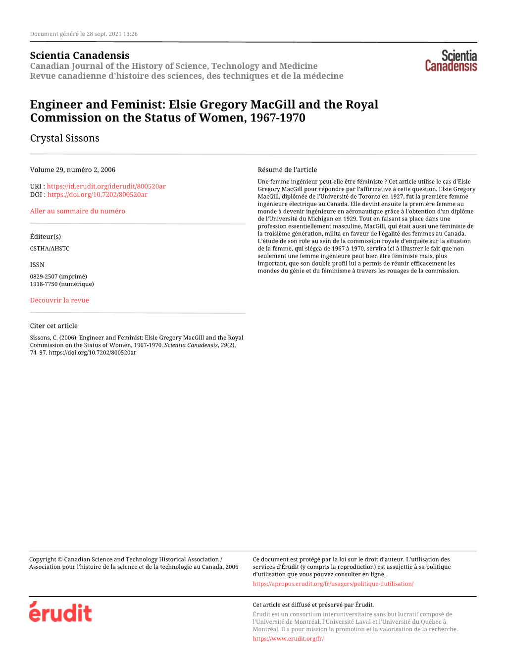 Engineer and Feminist: Elsie Gregory Macgill and the Royal Commission on the Status of Women, 1967-1970 Crystal Sissons