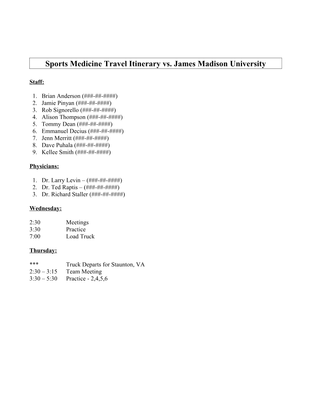 Sports Medicine Travel Itinerary Vs