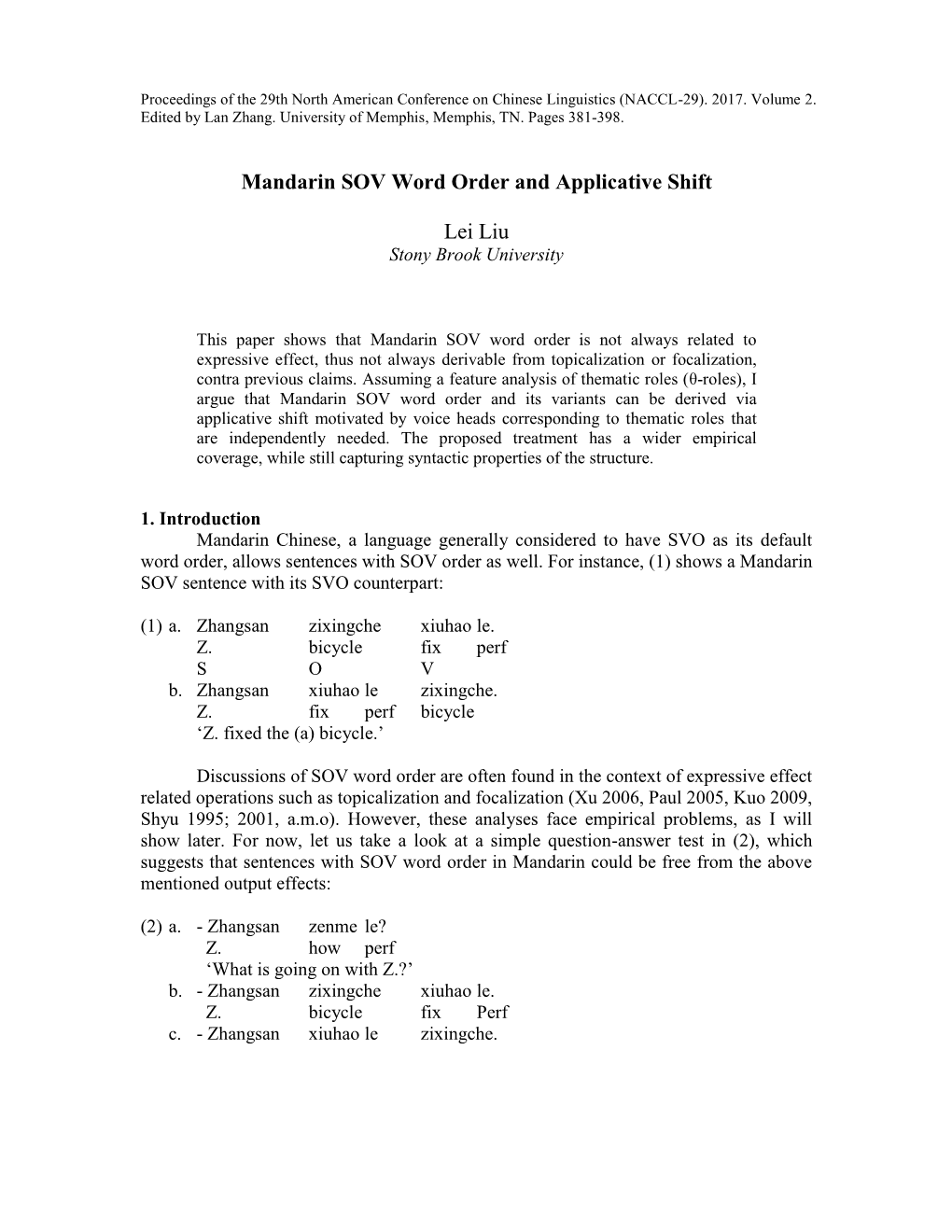 Mandarin SOV Word Order and Applicative Shift Lei