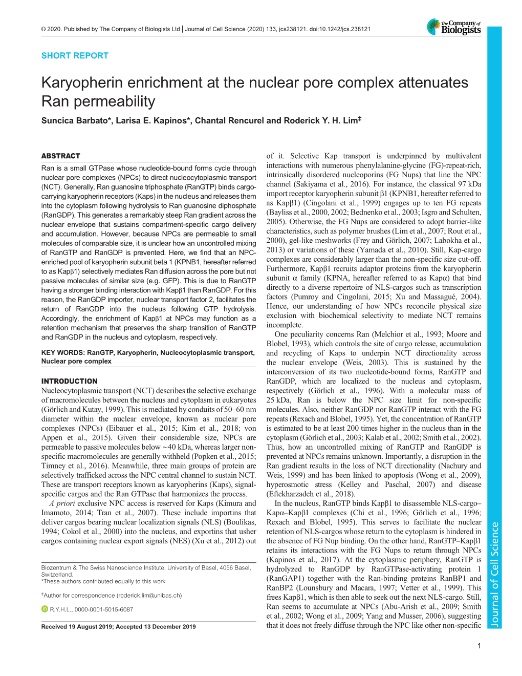 Karyopherin Enrichment at the Nuclear Pore Complex Attenuates Ran Permeability Suncica Barbato*, Larisa E