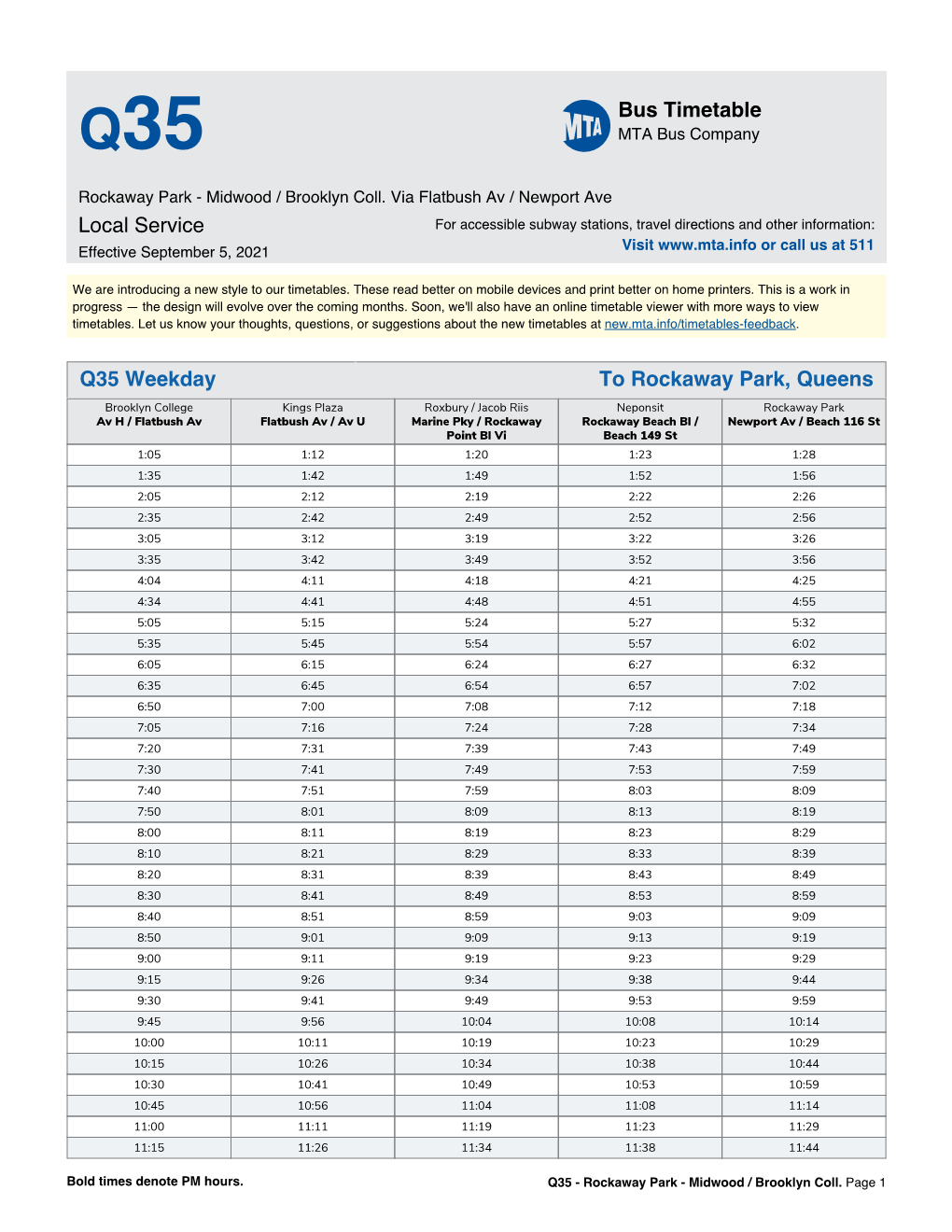 MTA Q35 Bus Timetable