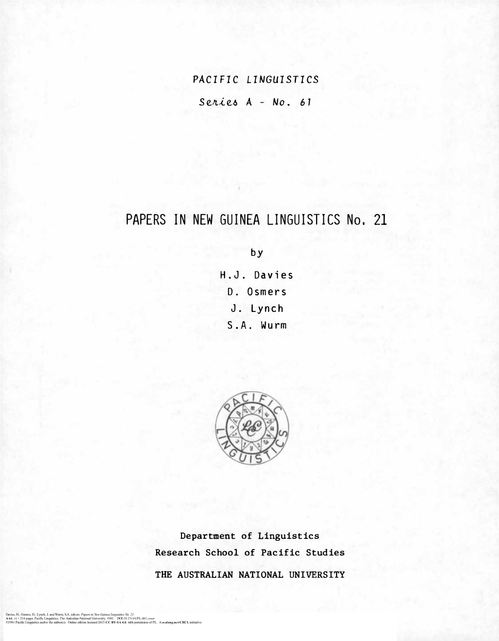 PAPERS in NEW GUINEA LINGUISTICS No. 21