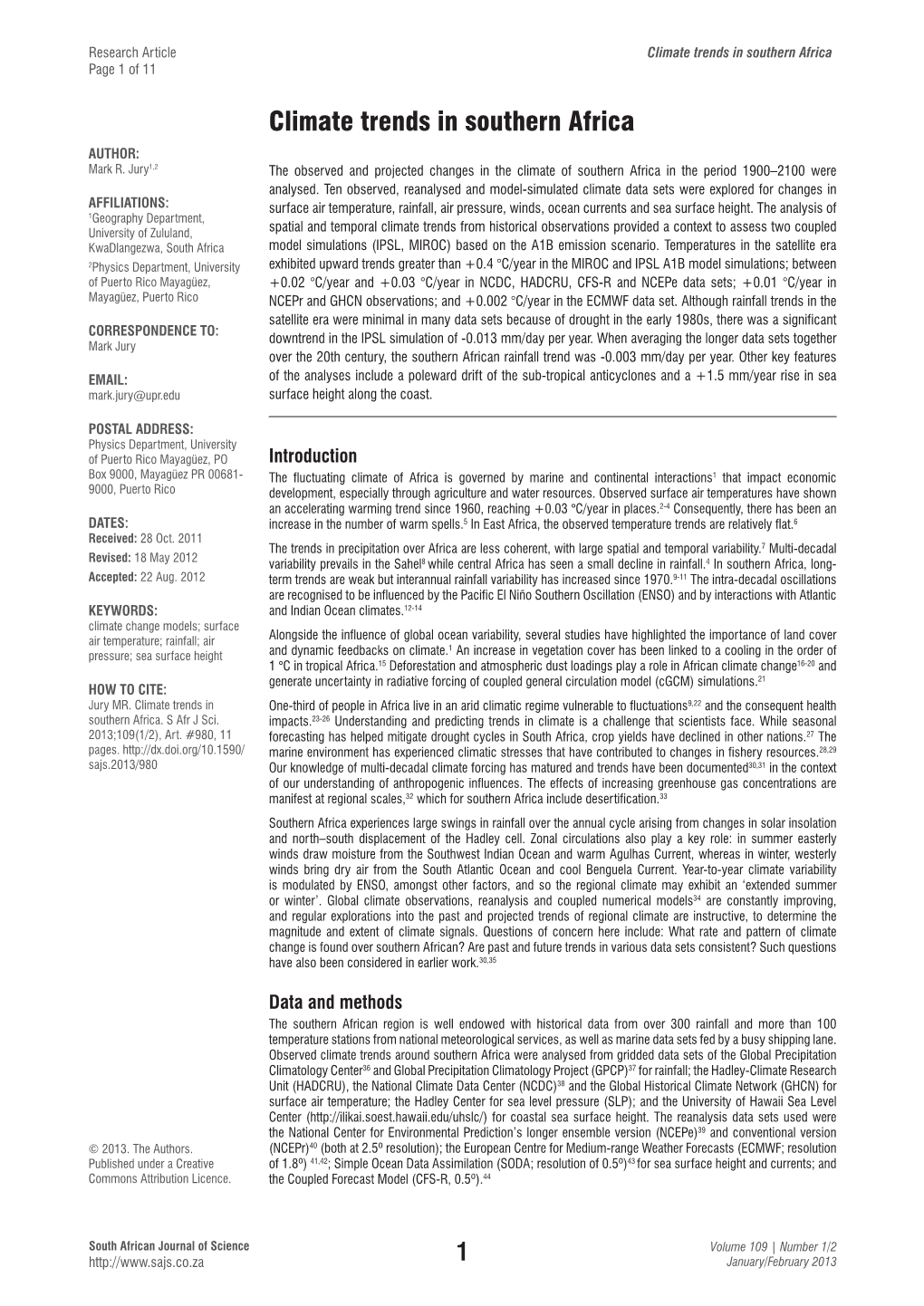 Climate Trends in Southern Africa Page 1 of 11