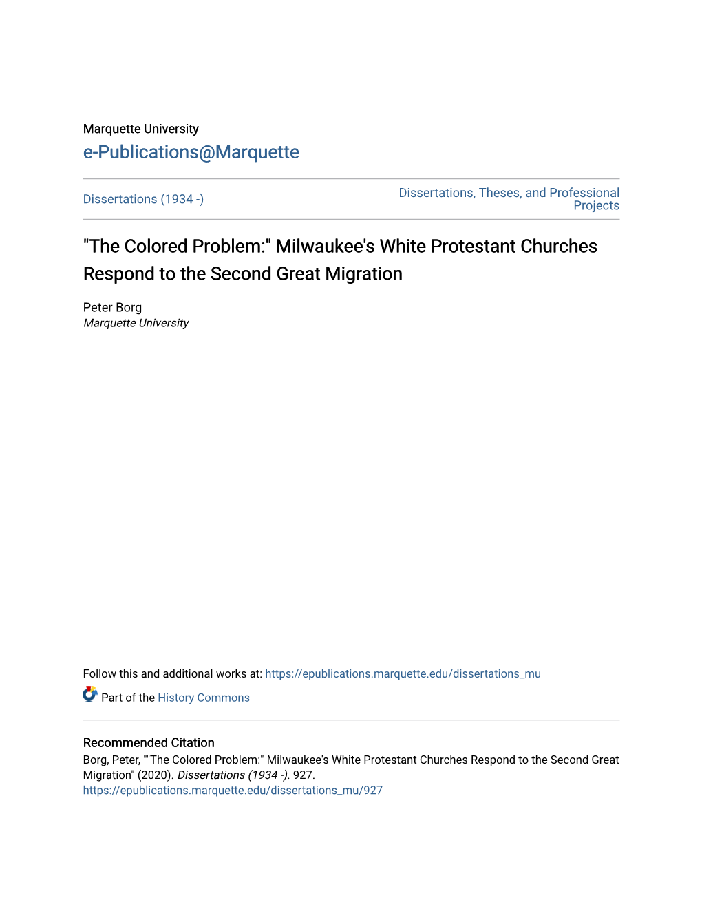 "The Colored Problem:" Milwaukee's White Protestant Churches Respond to the Second Great Migration