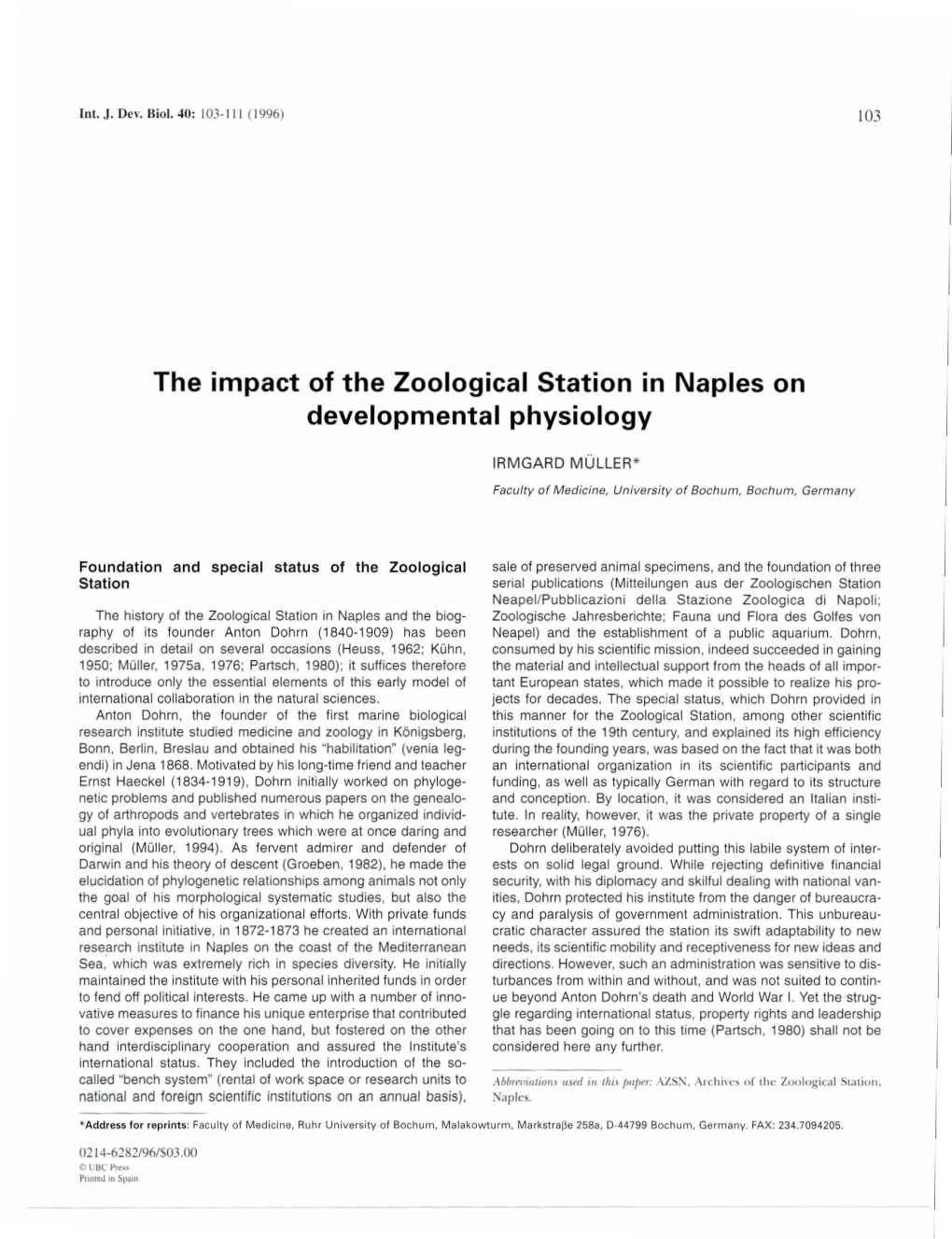 The Impact of the Zoological Station in Naples on Developmental Physiology