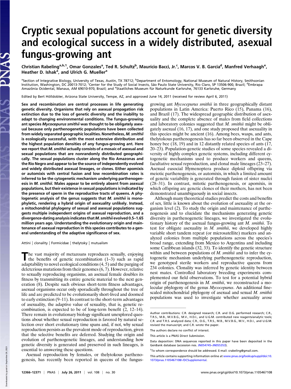 Cryptic Sexual Populations Account for Genetic Diversity and Ecological Success in a Widely Distributed, Asexual Fungus-Growing Ant