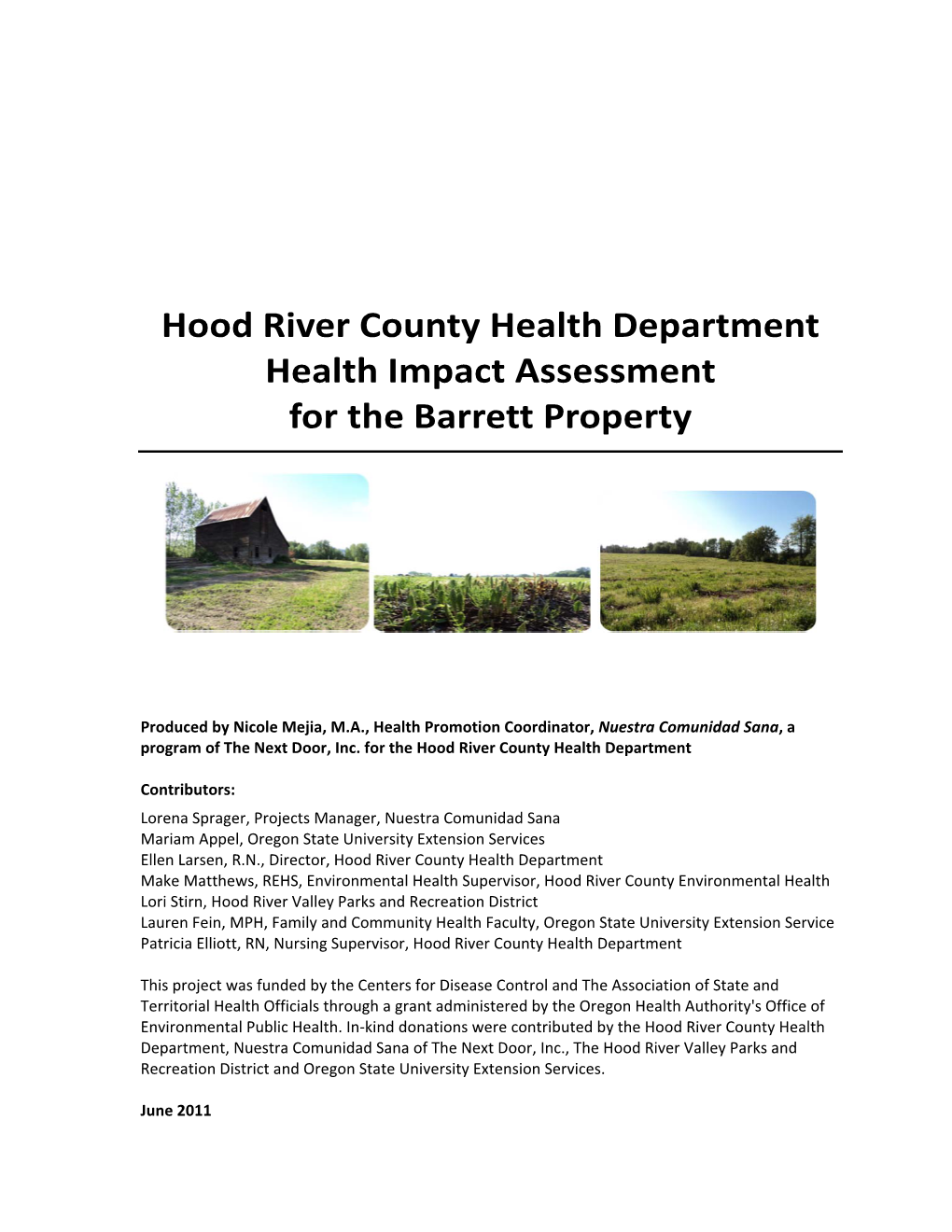 Hood River County Health Department Health Impact Assessment for the Barrett Property