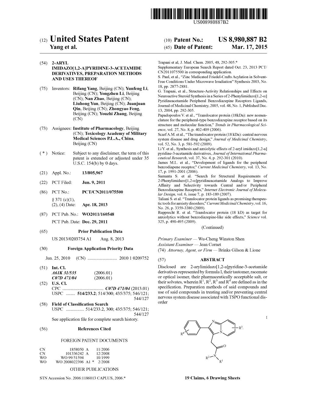 (12) United States Patent (10) Patent No.: US 8,980,887 B2 Yang Et Al