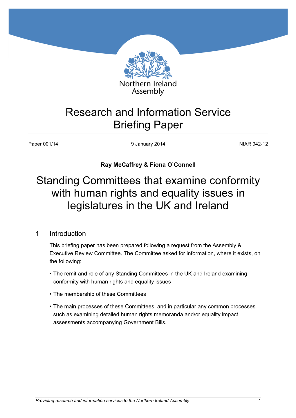 Standing Committees That Examine Conformity with Human Rights and Equality Issues in Legislatures in the UK and Ireland