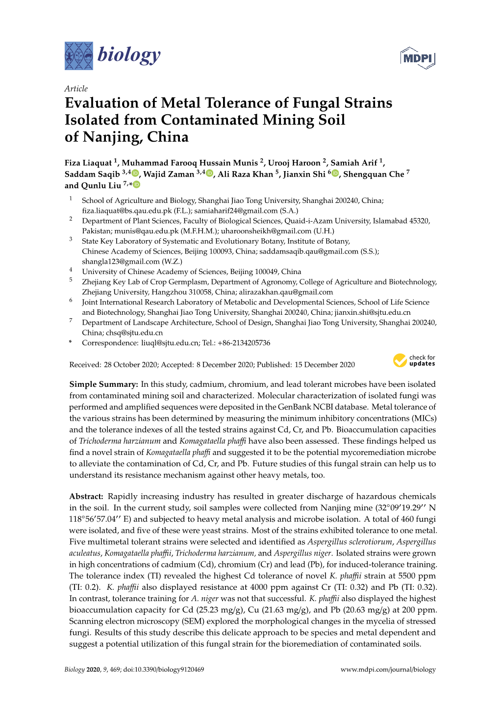 Evaluation of Metal Tolerance of Fungal Strains Isolated from Contaminated Mining Soil of Nanjing, China