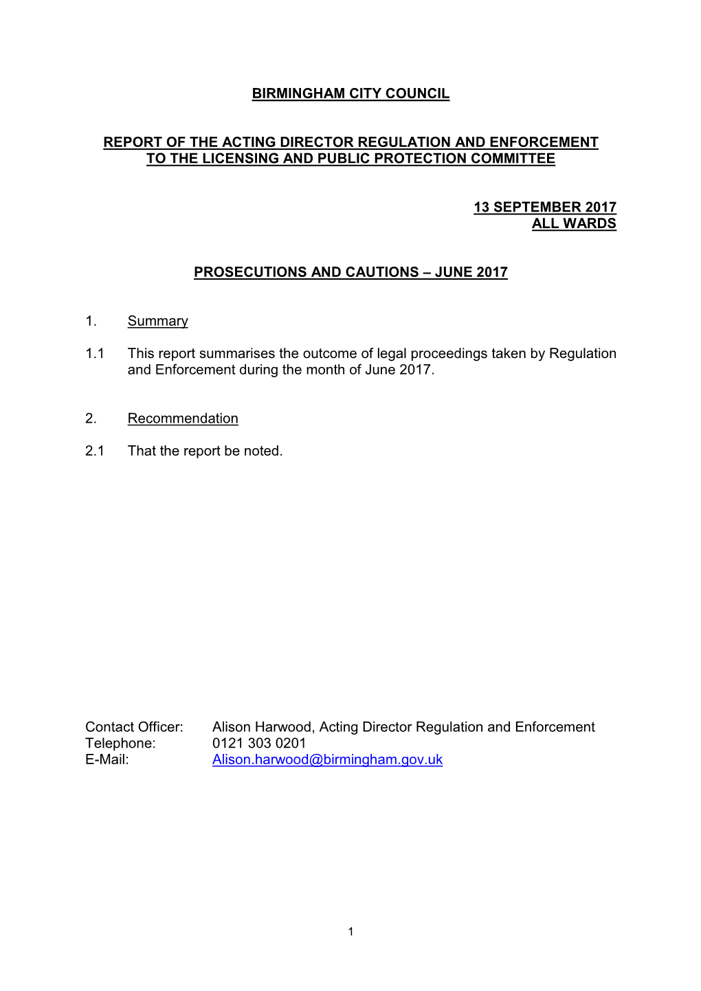 Birmingham City Council Report of the Acting