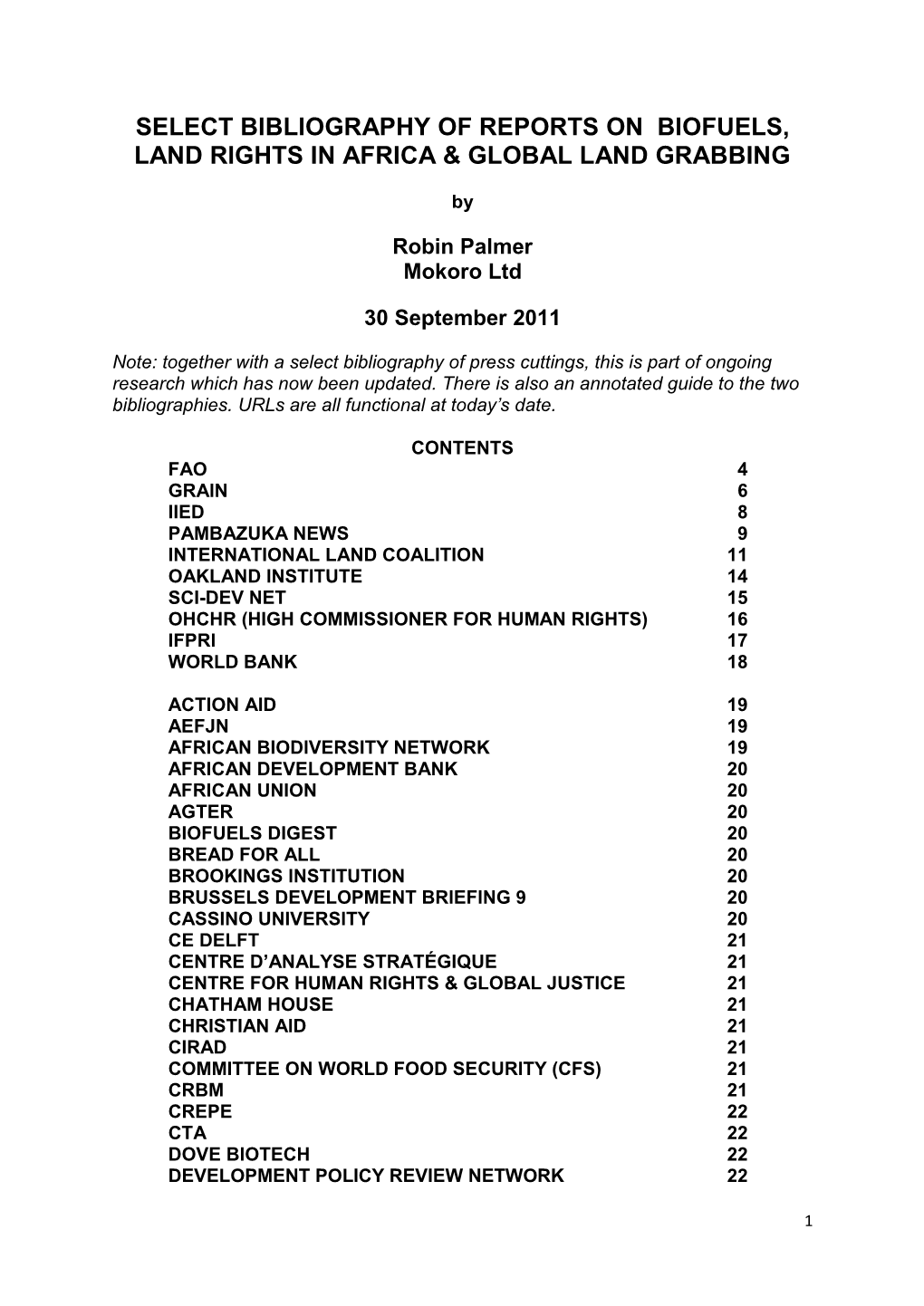 Select Bibliography of Reports on Biofuels, Land Rights in Africa & Global Land Grabbing