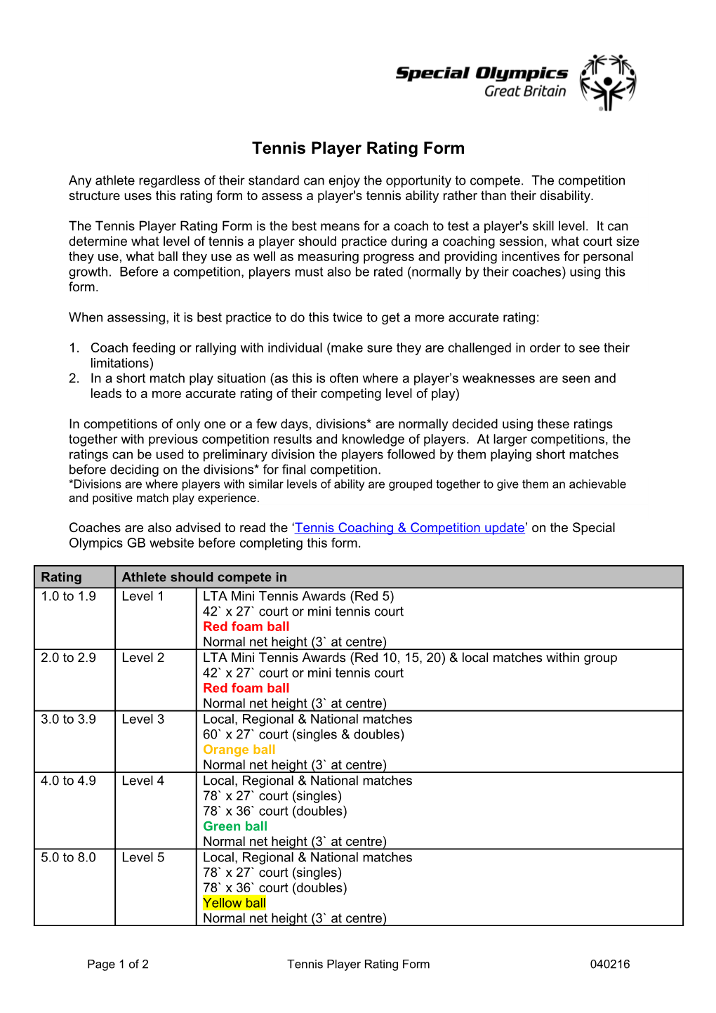 Bocce Player Assessment Form