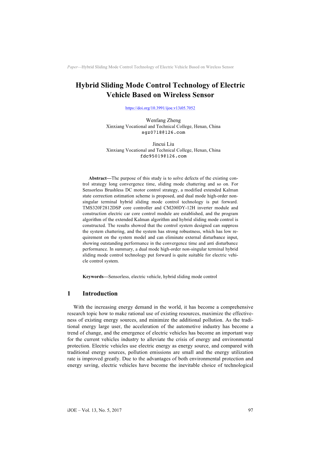 Hybrid Sliding Mode Control Technology of Electric Vehicle Based on Wireless Sensor