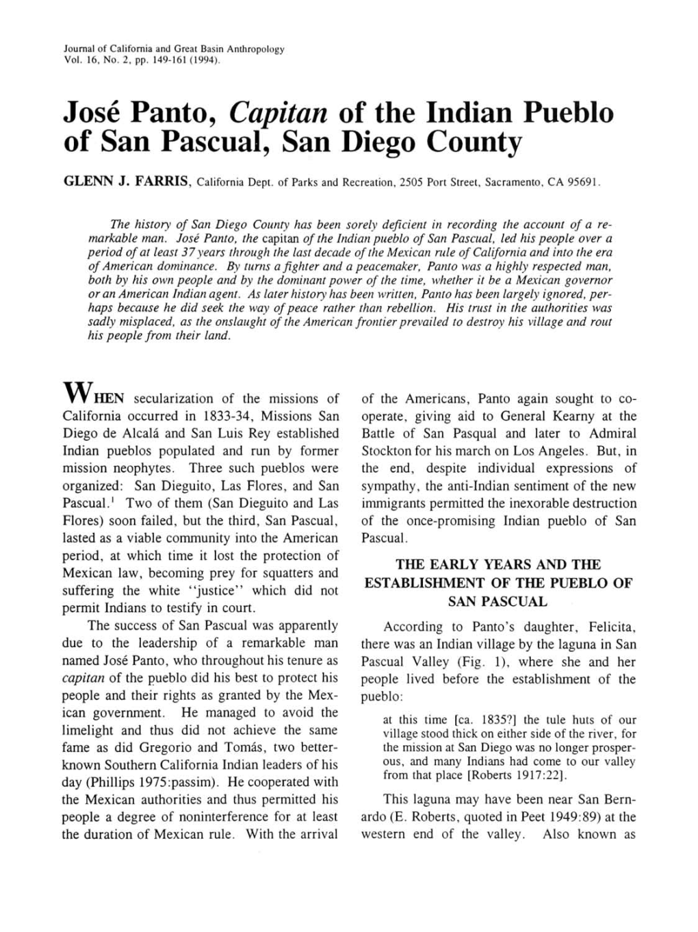 Jose Panto: Capitan of the Indian Pueblo of San Pascual, San Diego