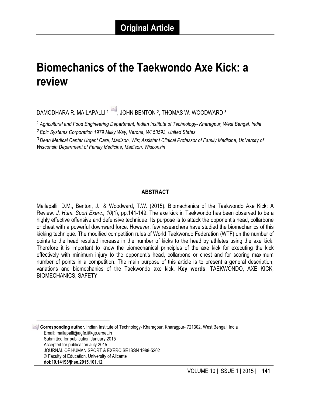 Biomechanics of the Taekwondo Axe Kick: a Review