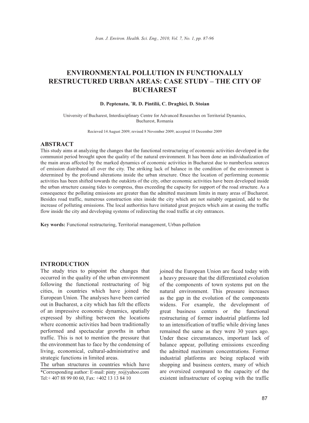 Environmental Pollution in Functionally Restructured Urban Areas: Case Study – the City of Bucharest