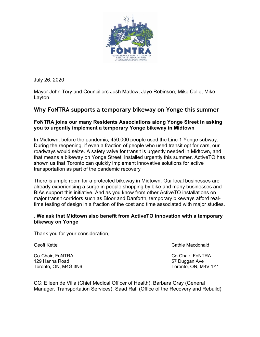 Fontra Letter to Mayor John Tory and Councillors Josh Matlow, Jaye